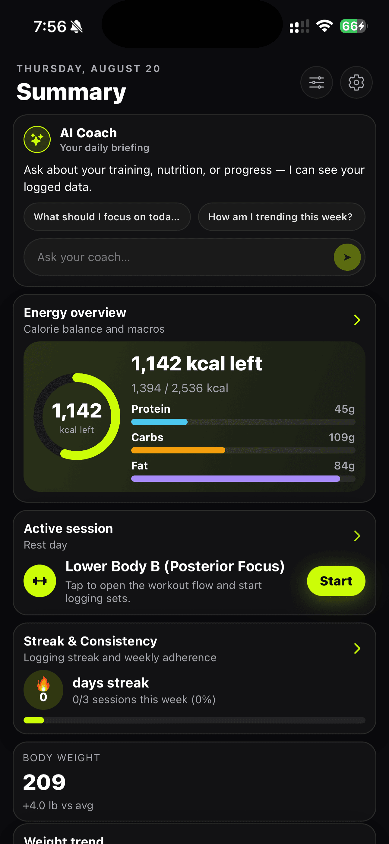Hage Training app Home dashboard showing today's readiness, active workout, and macro tracking